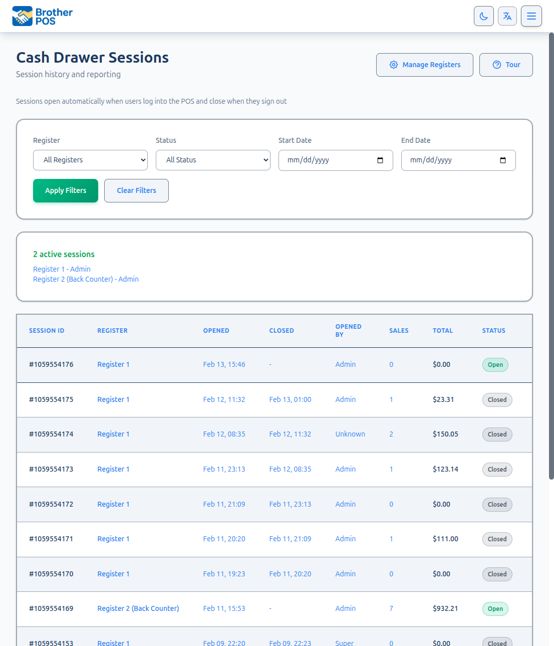 Cash drawer sessions list