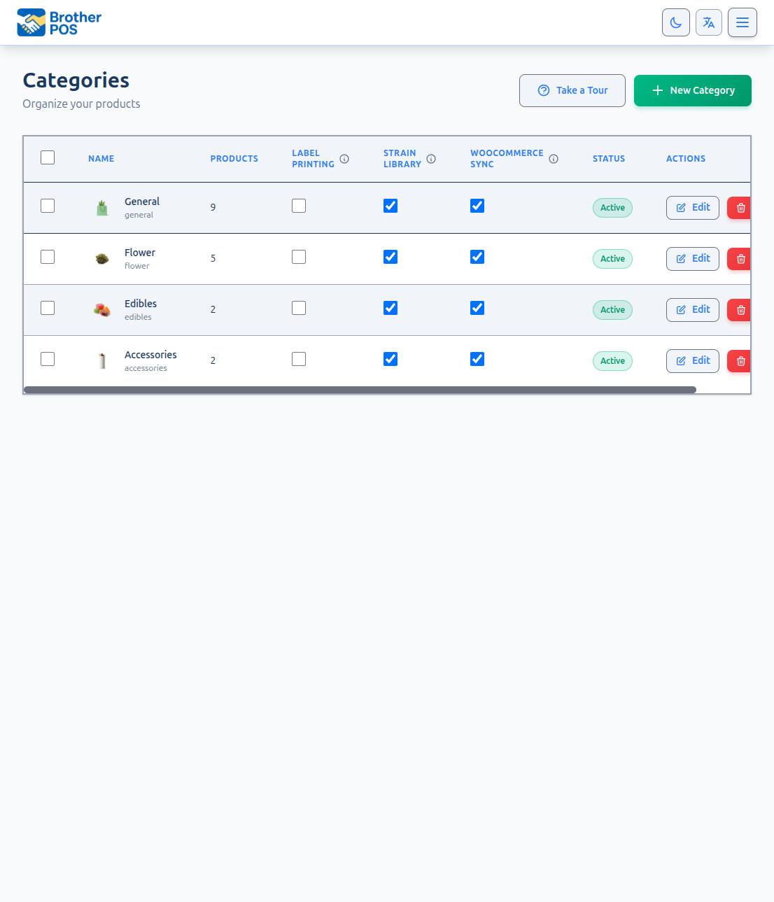 Categories management page