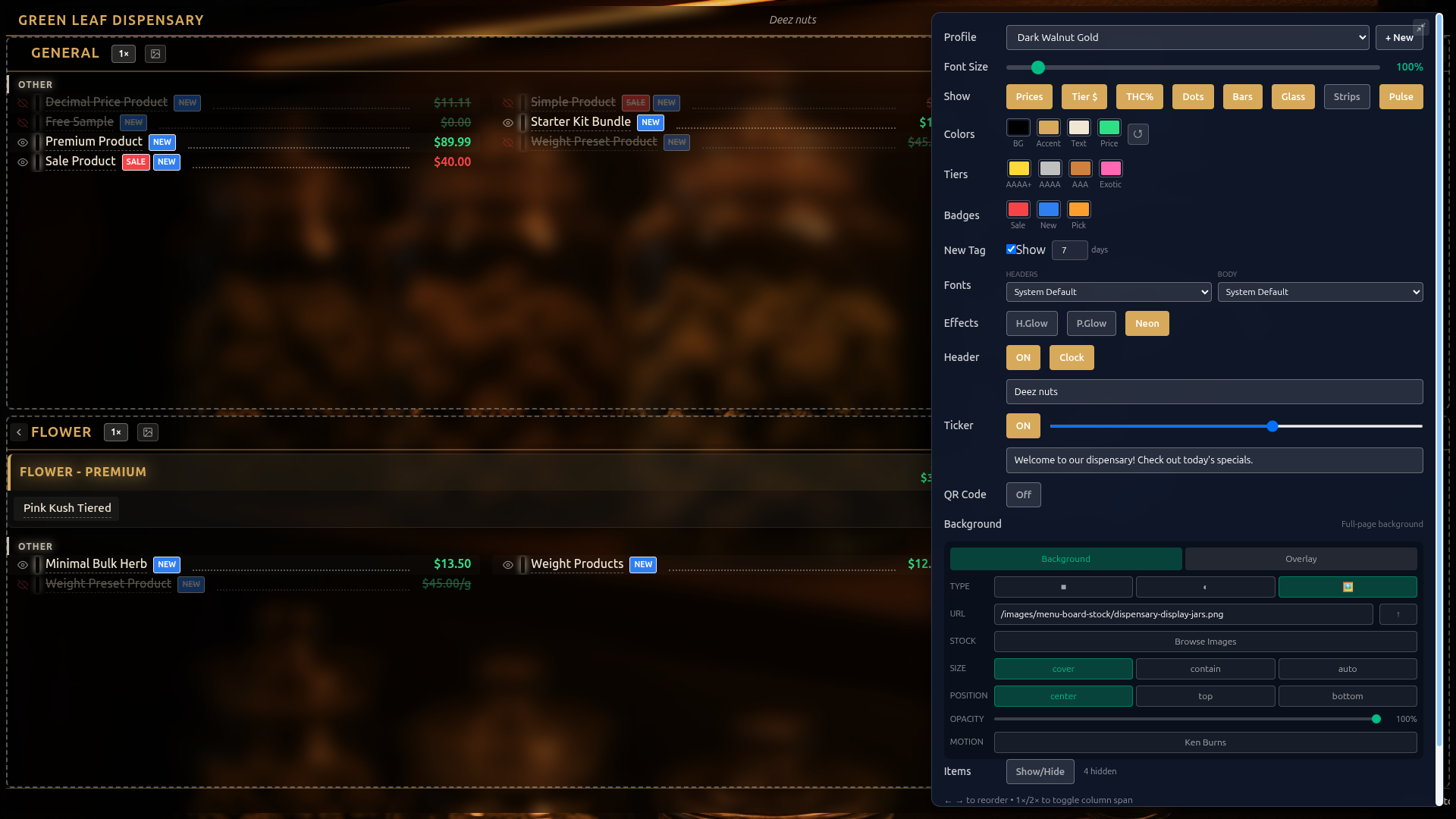 Edit mode settings panel