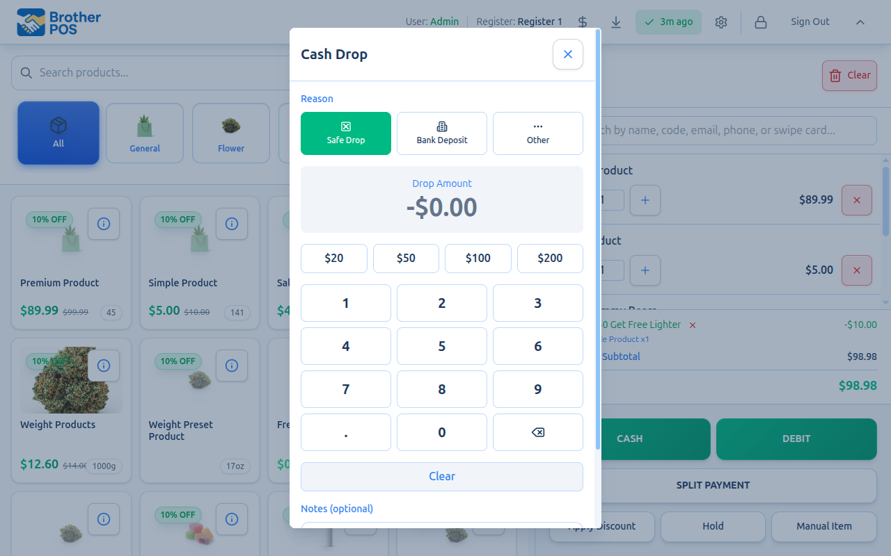 Cash drop modal with numpad and reason buttons