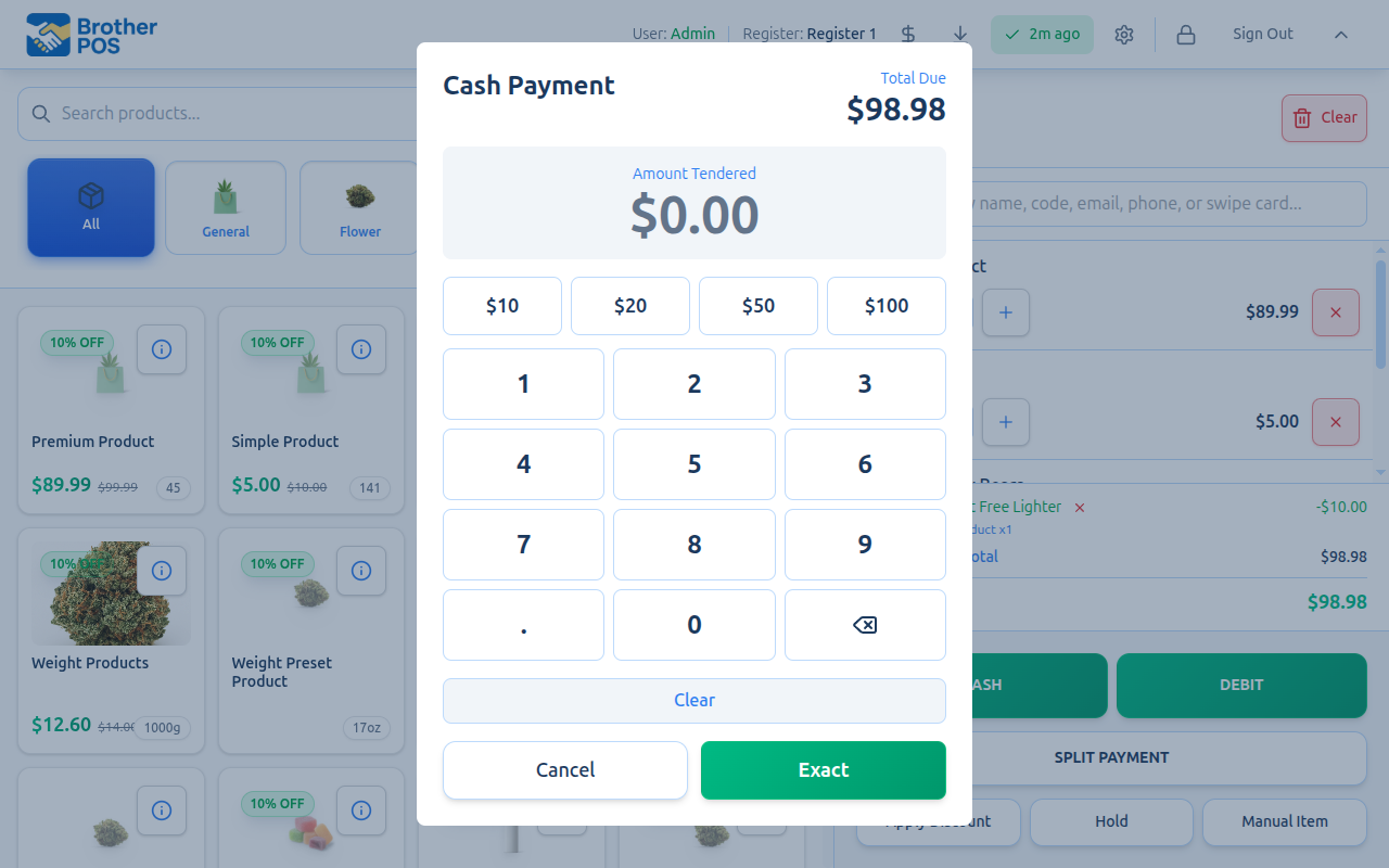 Cash payment modal with numpad and quick-select buttons