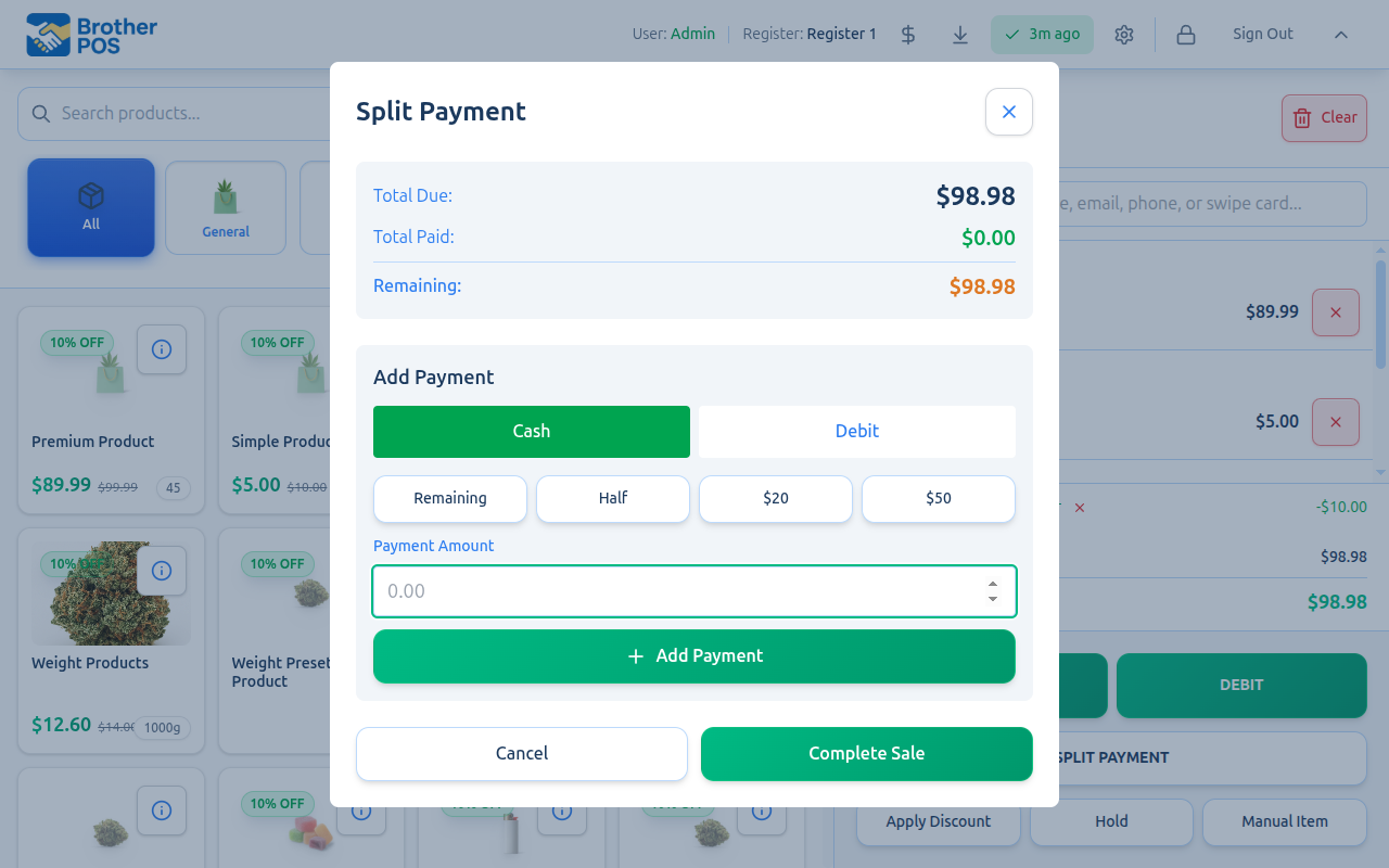 Split payment modal showing total, paid, and remaining amounts