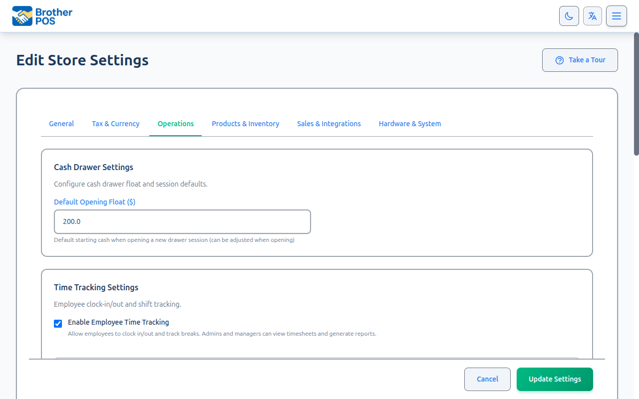 Operations settings tab