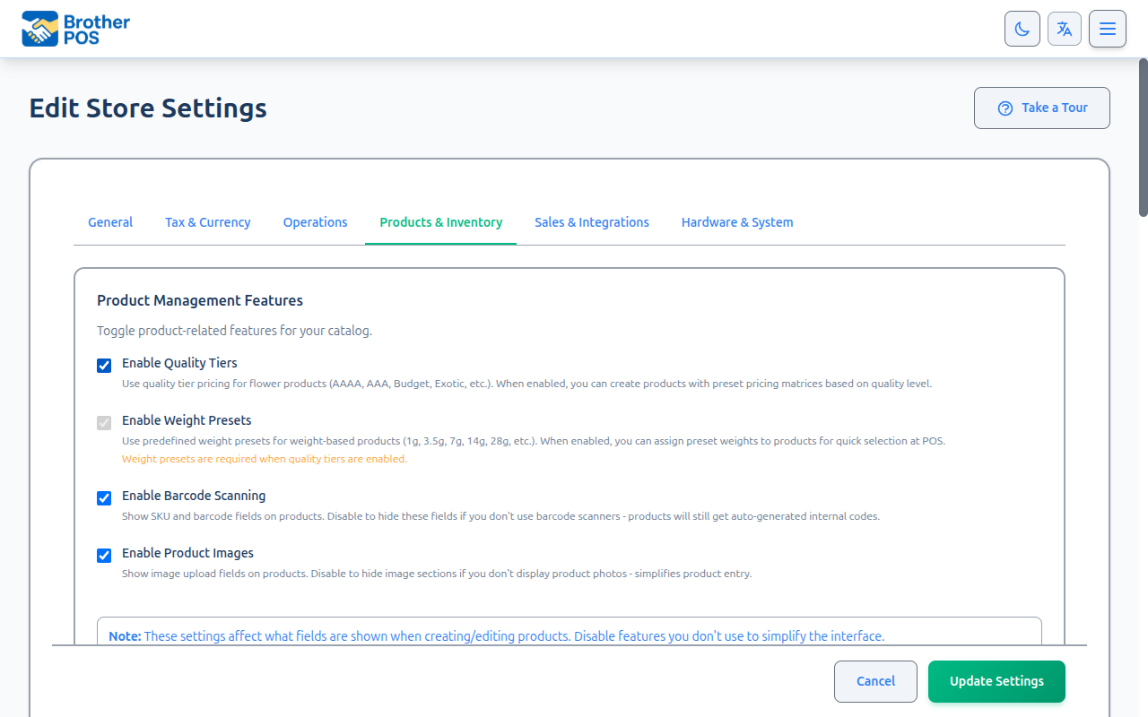 Feature flags settings showing feature toggles