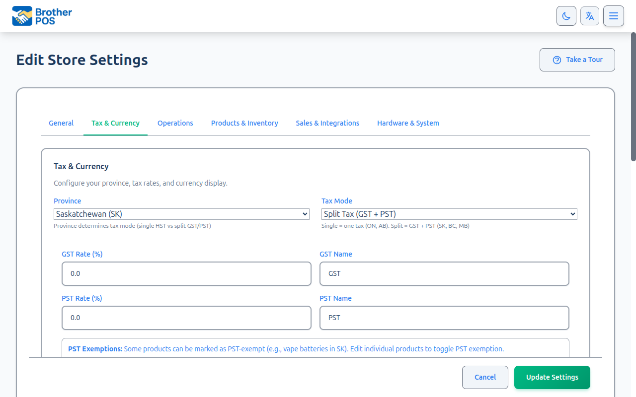 Tax configuration tab